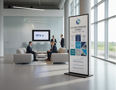 Bedrukt kakemono voor binnensignalisatie op beurzen en conferenties.