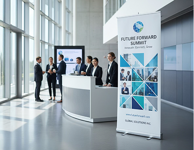 Bedrukte roll-up voor mobiele signalisatie tijdens zakelijke evenementen.